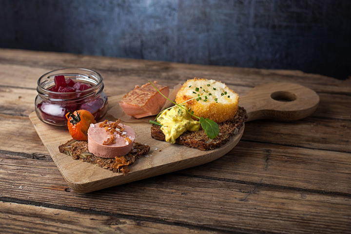 Croquette of salted cod, home smoked salmon, duck paté, pickled beetroots, remoulade and rye